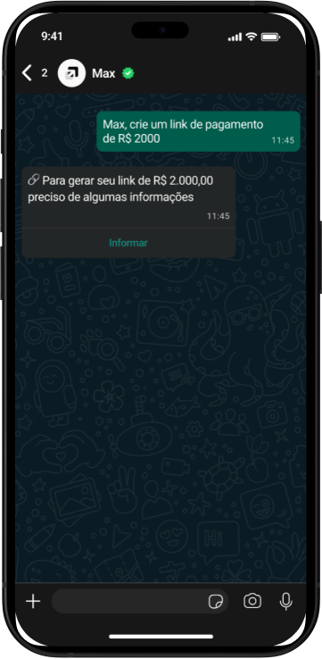 Mockup de iPhone criando link de pagamento via chat