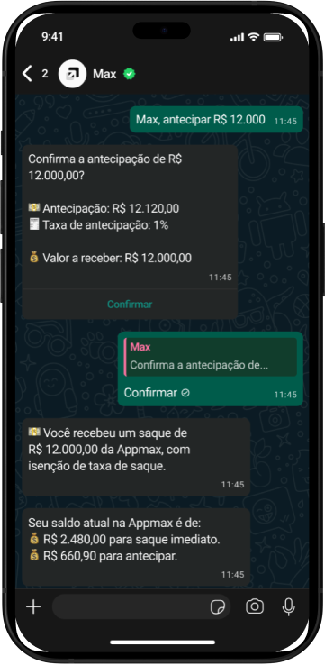 Mockup de iPhone solicitando saque de R$ 3.000,00 via chat