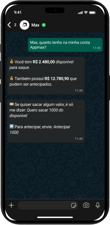 Mockup de iPhone mostrando saldo disponível e antecipação via chat