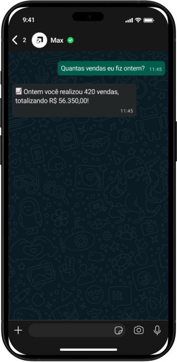 Mockup de iPhone exibindo relatório de vendas via chat